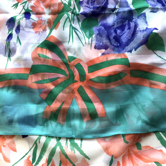 Floral Coquette Scarf Blue Peach 30" Square Striped Bow Retro Italy Vintage - Picture 3 of 10